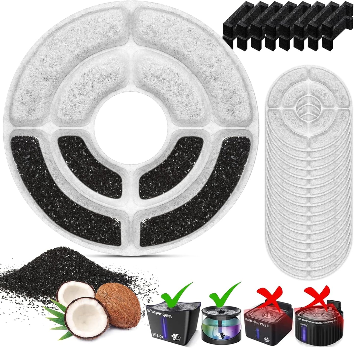 Kastty 8 Pack Replacement Filters - Activated Carbon & PP Cotton Cat Water Fountain Filters for Kastty and Other Dispensers