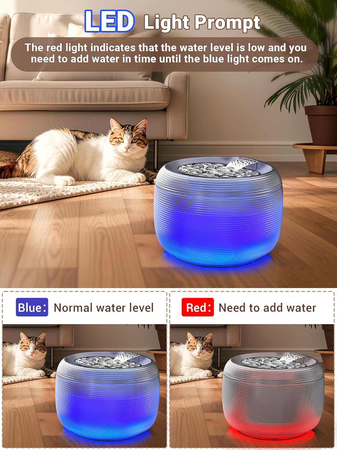 Kastty Quiet Cat Water Fountain, 3.5L/118oz Large Capacity Pet Water Fountain for Cats Indoor with Water Level LED Light