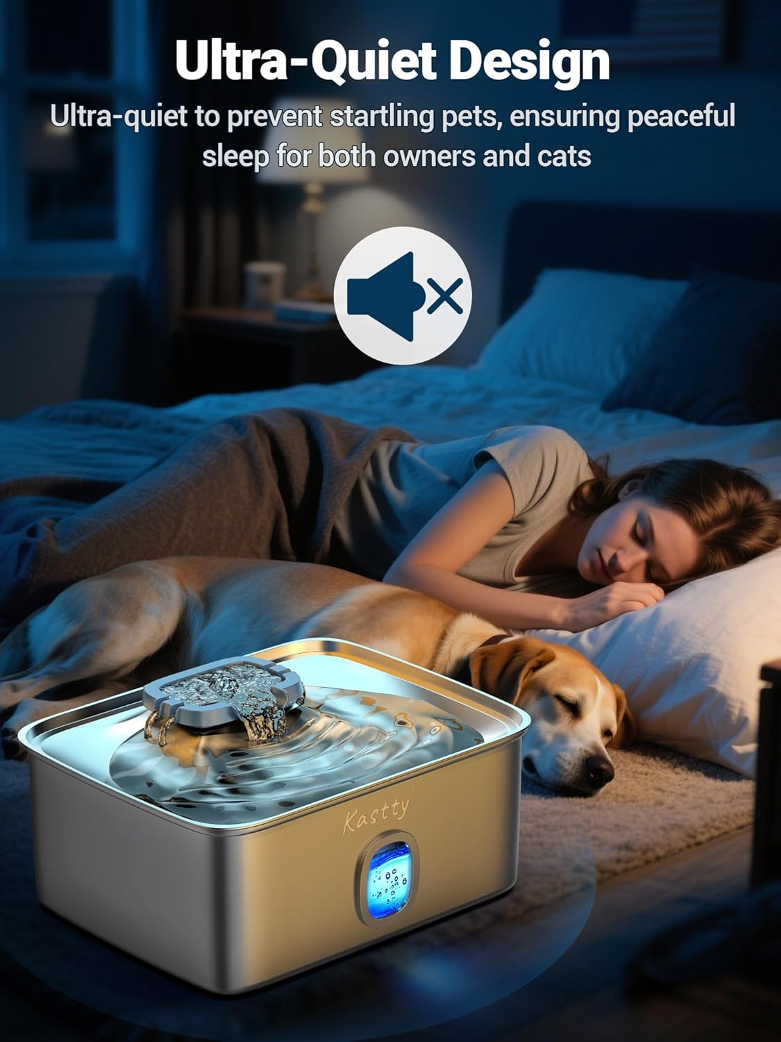 Kastty 15L/3.96 Gal Stainless Steel Dog Water Bowl Dispenser, Large Capacity Dog Water Fountain Quiet LED Light Triple Filtration BPA-Free