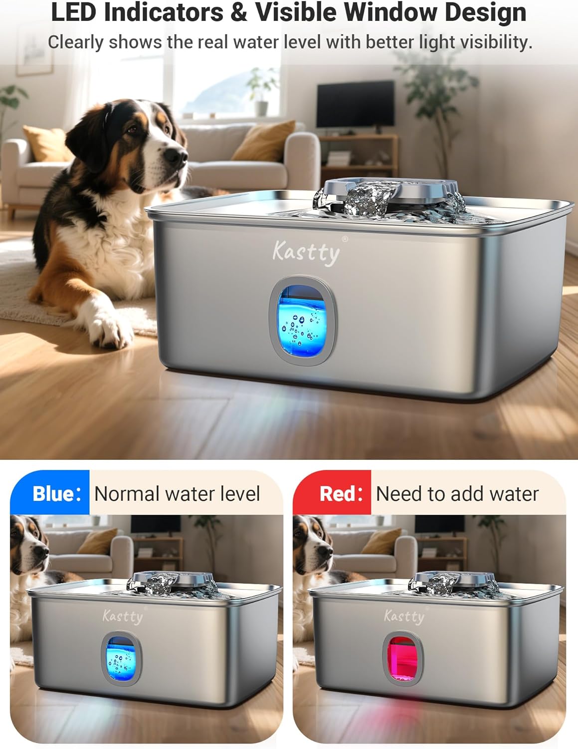 Kastty 15L/3.96 Gal Stainless Steel Dog Water Bowl Dispenser, Large Capacity Dog Water Fountain Quiet LED Light Triple Filtration BPA-Free