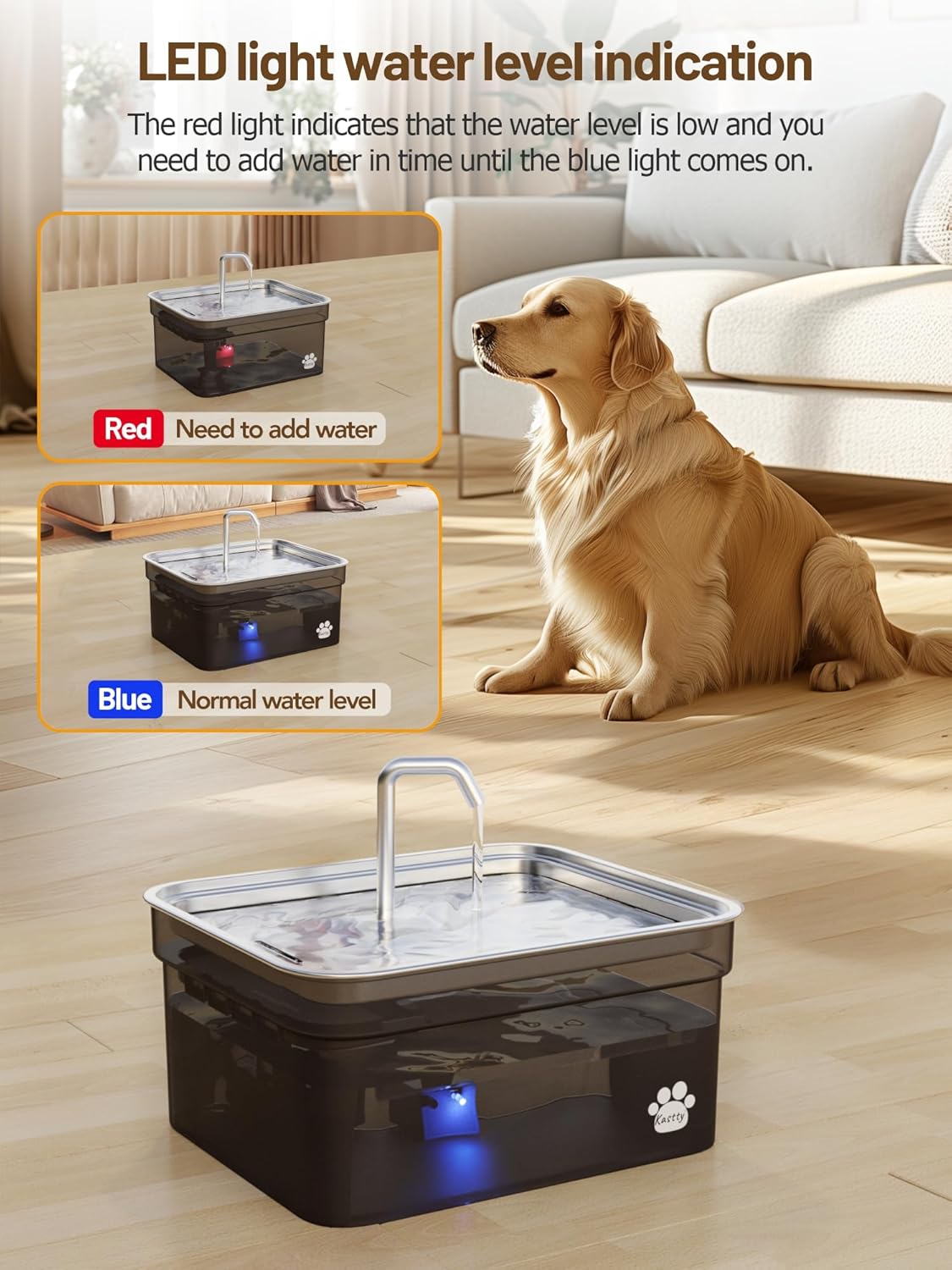 Kastty Dog Water Fountain for Large Dogs, 2.8Gal/10.5L Stainless Steel Cat Water Fountain