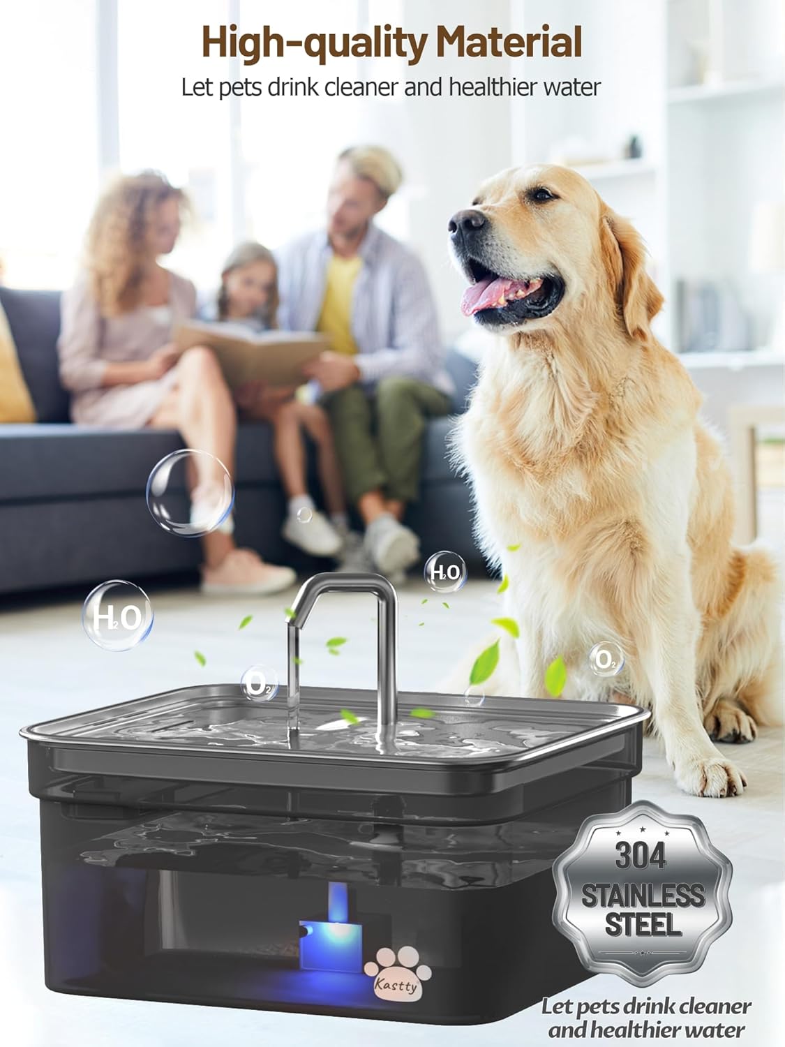 Kastty Dog Water Fountain for Large Dogs, 2.8Gal/10.5L Stainless Steel Cat Water Fountain