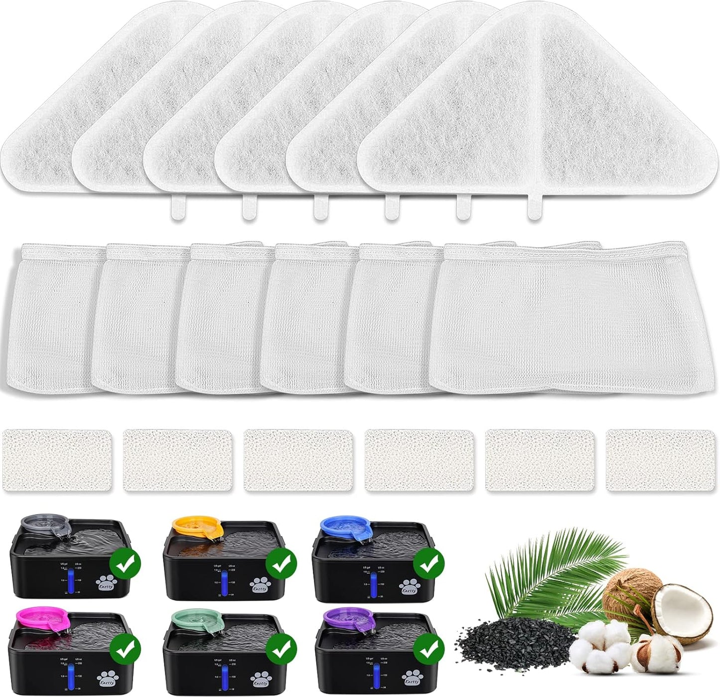 Replacement Filters for 230oz Dog Water Fountain, Made of Activated Carbon and PP Cotton, Kastty Food Grade Water Fountain Filters, 6pes Filter + 6pes Mesh + 6pes Sponge