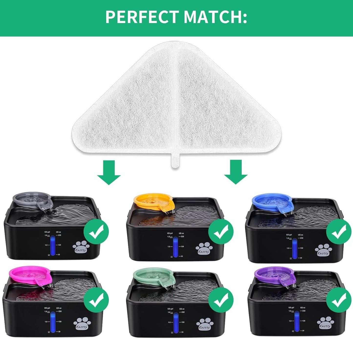 Replacement Filters for 230oz Dog Water Fountain, Made of Activated Carbon and PP Cotton, Kastty Food Grade Water Fountain Filters, 6pes Filter + 6pes Mesh + 6pes Sponge