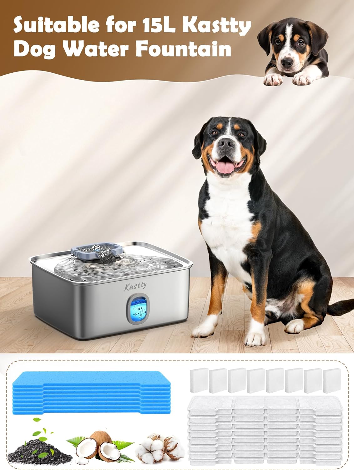 Kastty 15L Dog Water Fountain Filter Replacement, Pet Fountain Filters Replacement Made of Activated Carbon and PP Cotton, 8 Pack Dog Water Bowl Filters 8 Pack Pre-Filter Sponge with 8 Pump Sponge