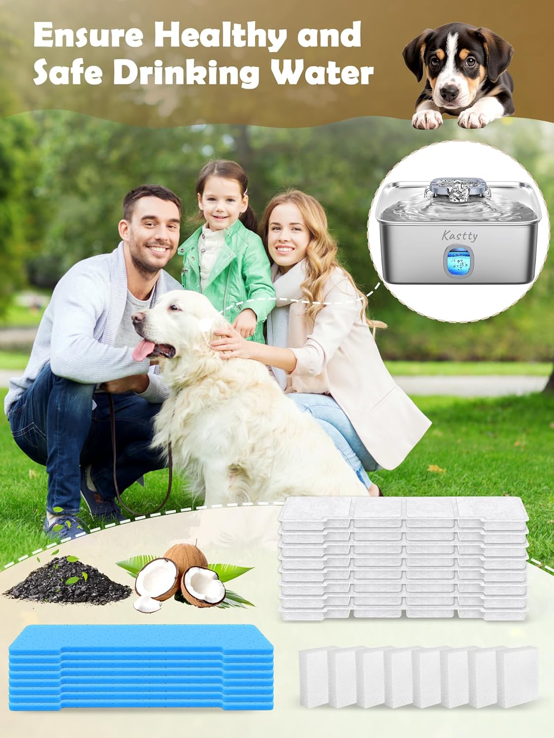 Kastty 15L Dog Water Fountain Filter Replacement, Pet Fountain Filters Replacement Made of Activated Carbon and PP Cotton, 8 Pack Dog Water Bowl Filters 8 Pack Pre-Filter Sponge with 8 Pump Sponge