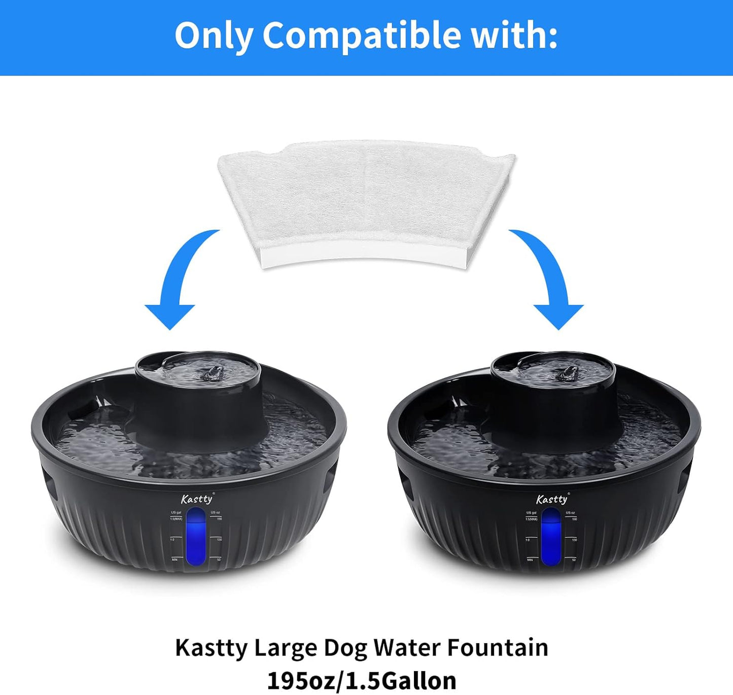 Kastty 6 Pack Replacement Filters for 195oz/6L Spiral Dog Water Fountains, Made of Coconut Shell Activated Carbon and PP Cotton, Food Grade Water Fountain Filters, with 6pcs Mesh Bag