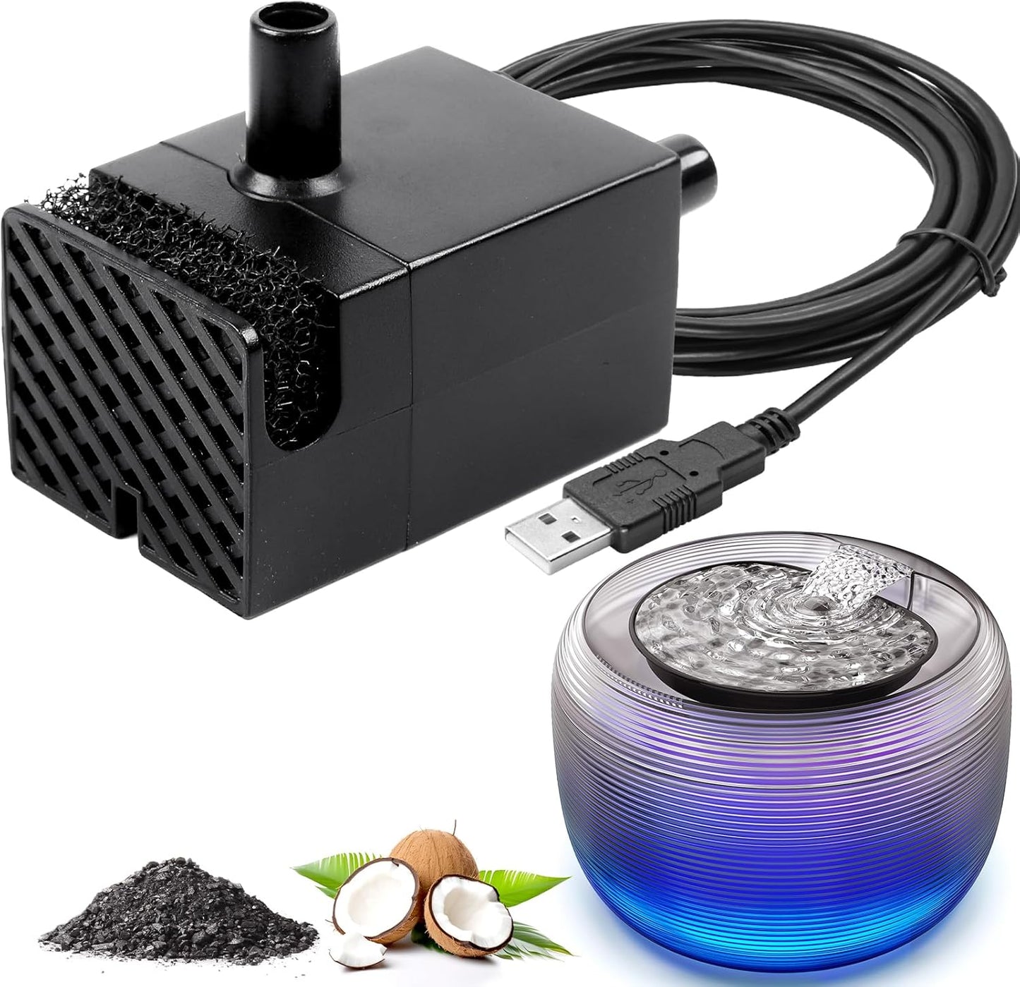 Kastty Ultra Quite Cat Water Fountain Pump, USB 5V 1A Pet Water Fountain Pump for 3.5L Cat Water Fountain Pump Replacement, Dog Water Dispenser Pump with LED Light (Black)