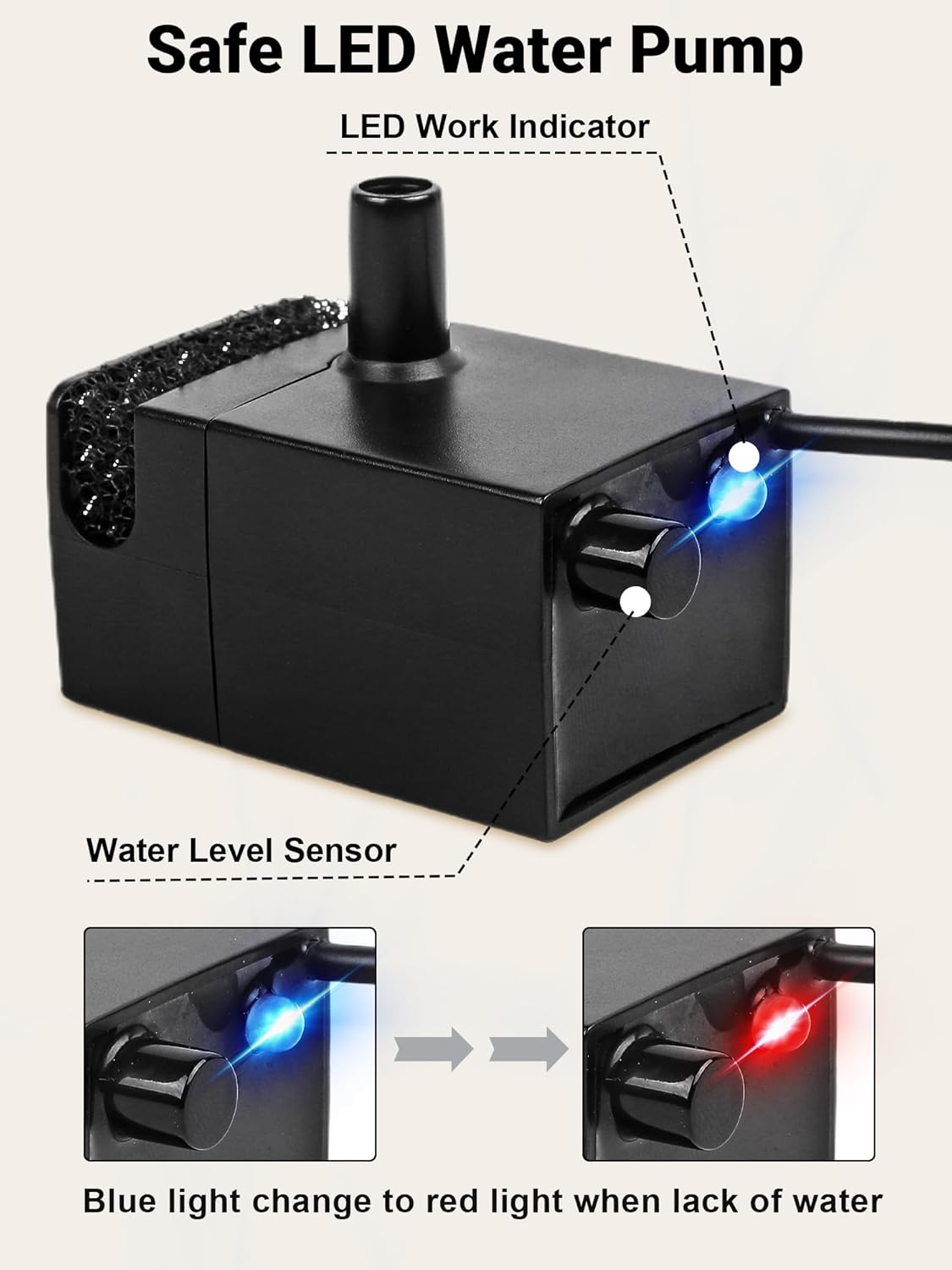 Kastty Ultra Quite Cat Water Fountain Pump, USB 5V 1A Pet Water Fountain Pump for 3.5L Cat Water Fountain Pump Replacement, Dog Water Dispenser Pump with LED Light (Black)