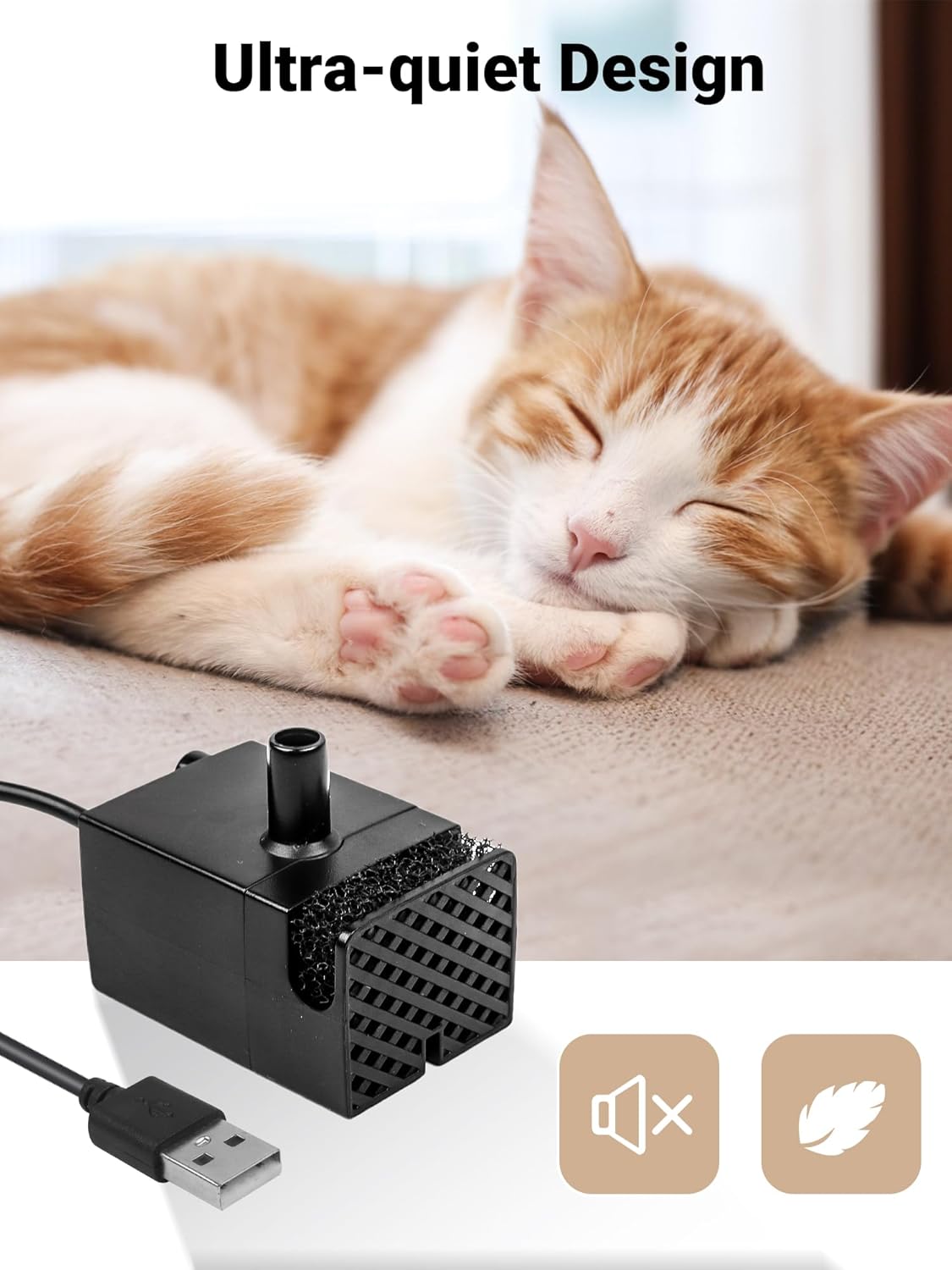 Kastty Ultra Quite Cat Water Fountain Pump, USB 5V 1A Pet Water Fountain Pump for 3.5L Cat Water Fountain Pump Replacement, Dog Water Dispenser Pump with LED Light (Black)