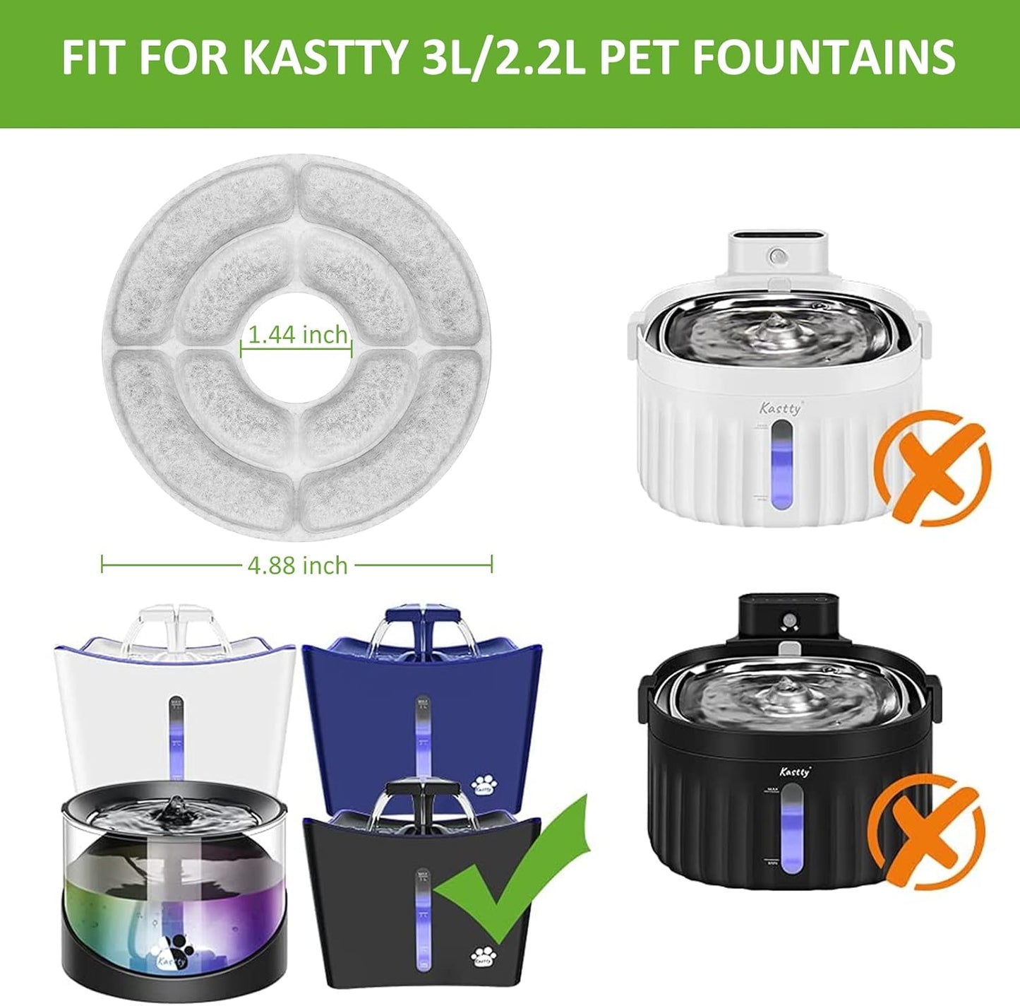 Kastty 8 Pack Replacement Filters - Activated Carbon & PP Cotton Cat Water Fountain Filters for Kastty and Other Dispensers