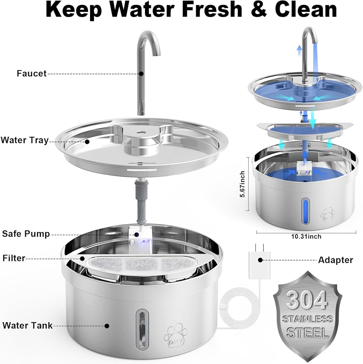 Kastty 8+8 Replacement F-ilters for Kastty 4L/135oz Stainless Steel Pet Water Fountain, 6.5inch Larger Size and More Active Carbon than Others, 8 Pack F-ilters + 8 Pack P-ump F-ilters