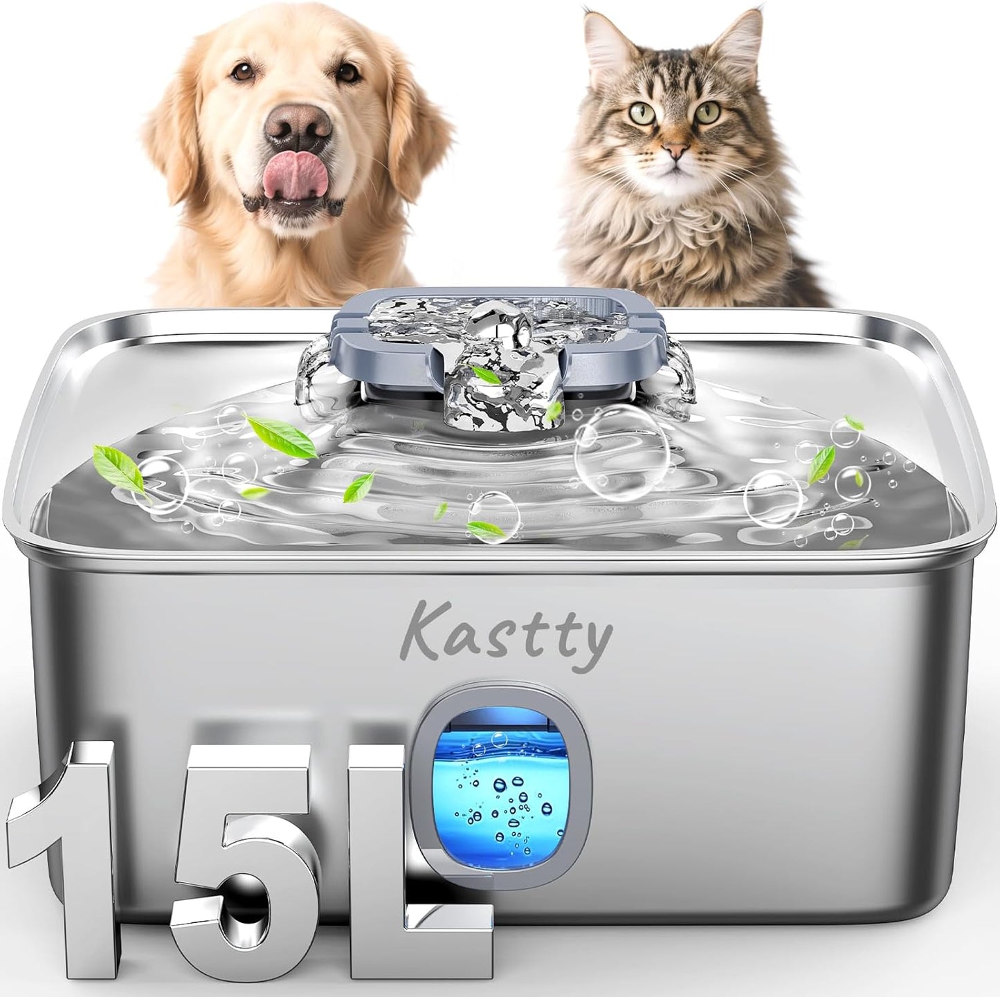 Kastty 15L/3.96 Gal Stainless Steel Dog Water Bowl Dispenser, Large Capacity Dog Water Fountain Quiet LED Light Triple Filtration BPA-Free