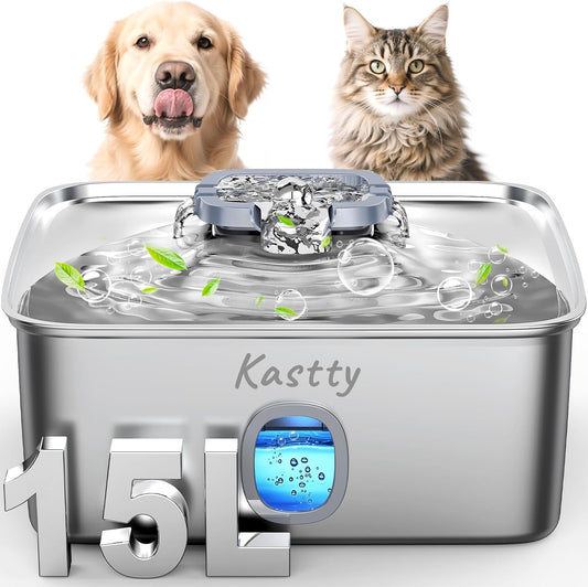 Kastty 15L/3.96 Gal Stainless Steel Dog Water Bowl Dispenser, Large Capacity Dog Water Fountain Quiet LED Light Triple Filtration BPA-Free