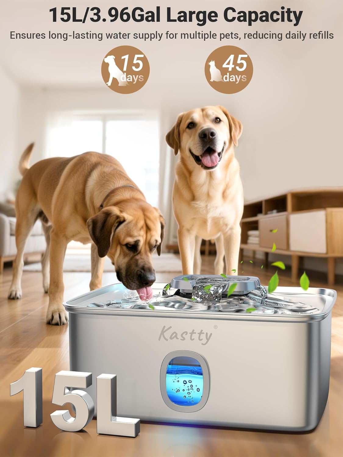 Kastty 15L/3.96 Gal Stainless Steel Dog Water Bowl Dispenser, Large Capacity Dog Water Fountain Quiet LED Light Triple Filtration BPA-Free