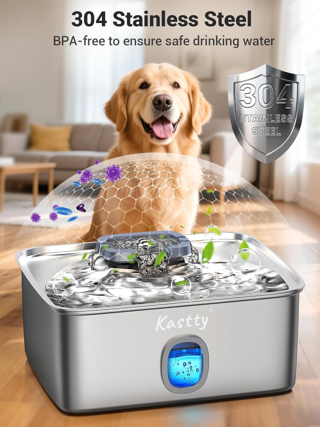 Kastty 15L/3.96 Gal Stainless Steel Dog Water Bowl Dispenser, Large Capacity Dog Water Fountain Quiet LED Light Triple Filtration BPA-Free