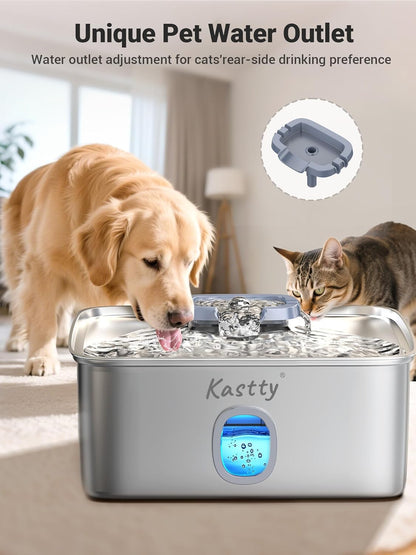 Kastty 15L/3.96 Gal Stainless Steel Dog Water Bowl Dispenser, Large Capacity Dog Water Fountain Quiet LED Light Triple Filtration BPA-Free