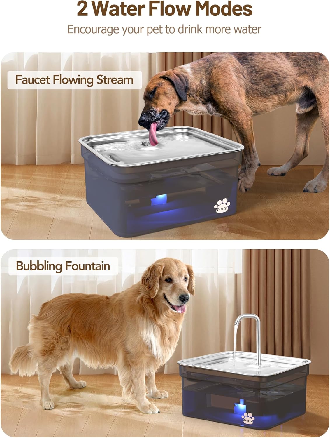 Kastty Dog Water Fountain for Large Dogs, 2.8Gal/10.5L Stainless Steel Cat Water Fountain