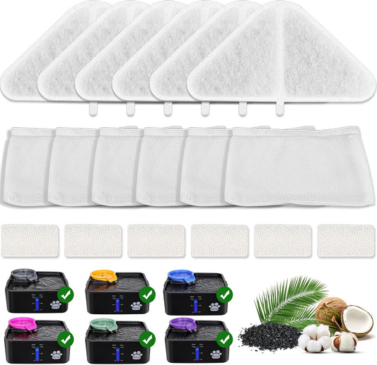 Replacement Filters for 230oz Dog Water Fountain, Made of Activated Carbon and PP Cotton, Kastty Food Grade Water Fountain Filters, 6pes Filter + 6pes Mesh + 6pes Sponge