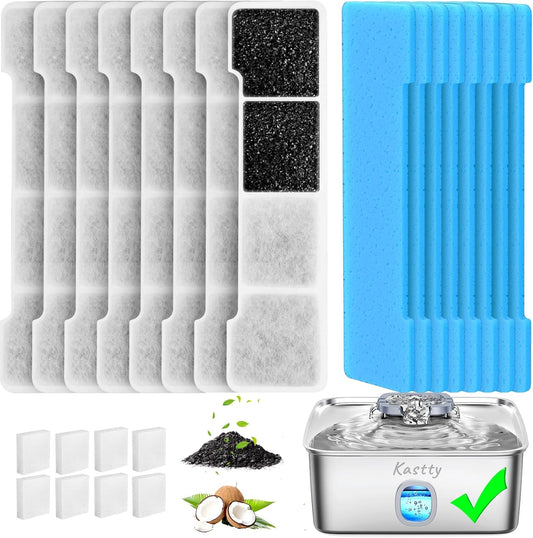 Kastty 15L Dog Water Fountain Filter Replacement, Pet Fountain Filters Replacement Made of Activated Carbon and PP Cotton, 8 Pack Dog Water Bowl Filters 8 Pack Pre-Filter Sponge with 8 Pump Sponge