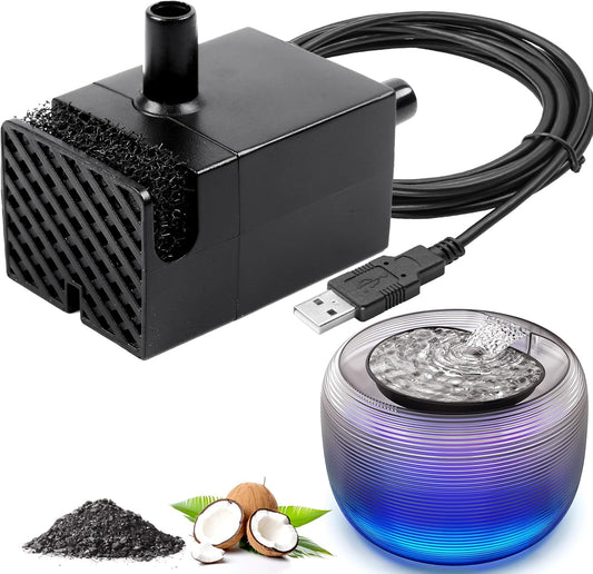 Kastty Ultra Quite Cat Water Fountain Pump, USB 5V 1A Pet Water Fountain Pump for 3.5L Cat Water Fountain Pump Replacement, Dog Water Dispenser Pump with LED Light (Black)