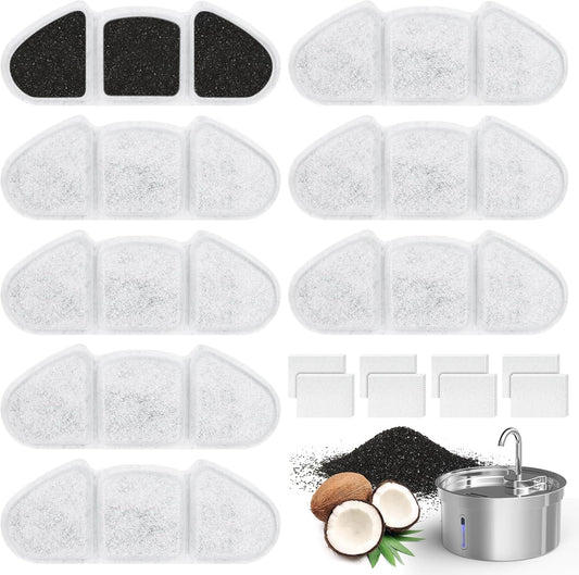 Kastty 8+8 Replacement F-ilters for Kastty 4L/135oz Stainless Steel Pet Water Fountain, 6.5inch Larger Size and More Active Carbon than Others, 8 Pack F-ilters + 8 Pack P-ump F-ilters