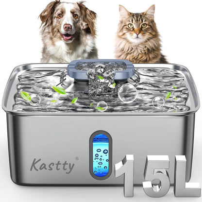 Kastty 15L/3.96 Gal Stainless Steel Dog Water Fountain, Large Capacity Dog Water Bowl Dispenser Quiet LED Light Triple Filtration Cat Water Fountain,Pet Water Fountain Easy Clean Yellow FS78