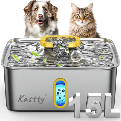 Kastty 15L/3.96 Gal Stainless Steel Dog Water Fountain, Large Capacity Dog Water Bowl Dispenser Quiet LED Light Triple Filtration Cat Water Fountain,Pet Water Fountain Easy Clean Yellow FS78
