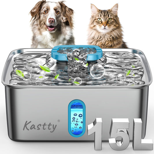 Kastty 15L/3.96 Gal Large Capacity Dog Water Bowl Dispenser,Stainless Steel Dog Water Fountain Quiet LED Light Triple Filtration Dog Water Bowl, Automatic Pet Water Fountain Easy Cleaning Blue FS78