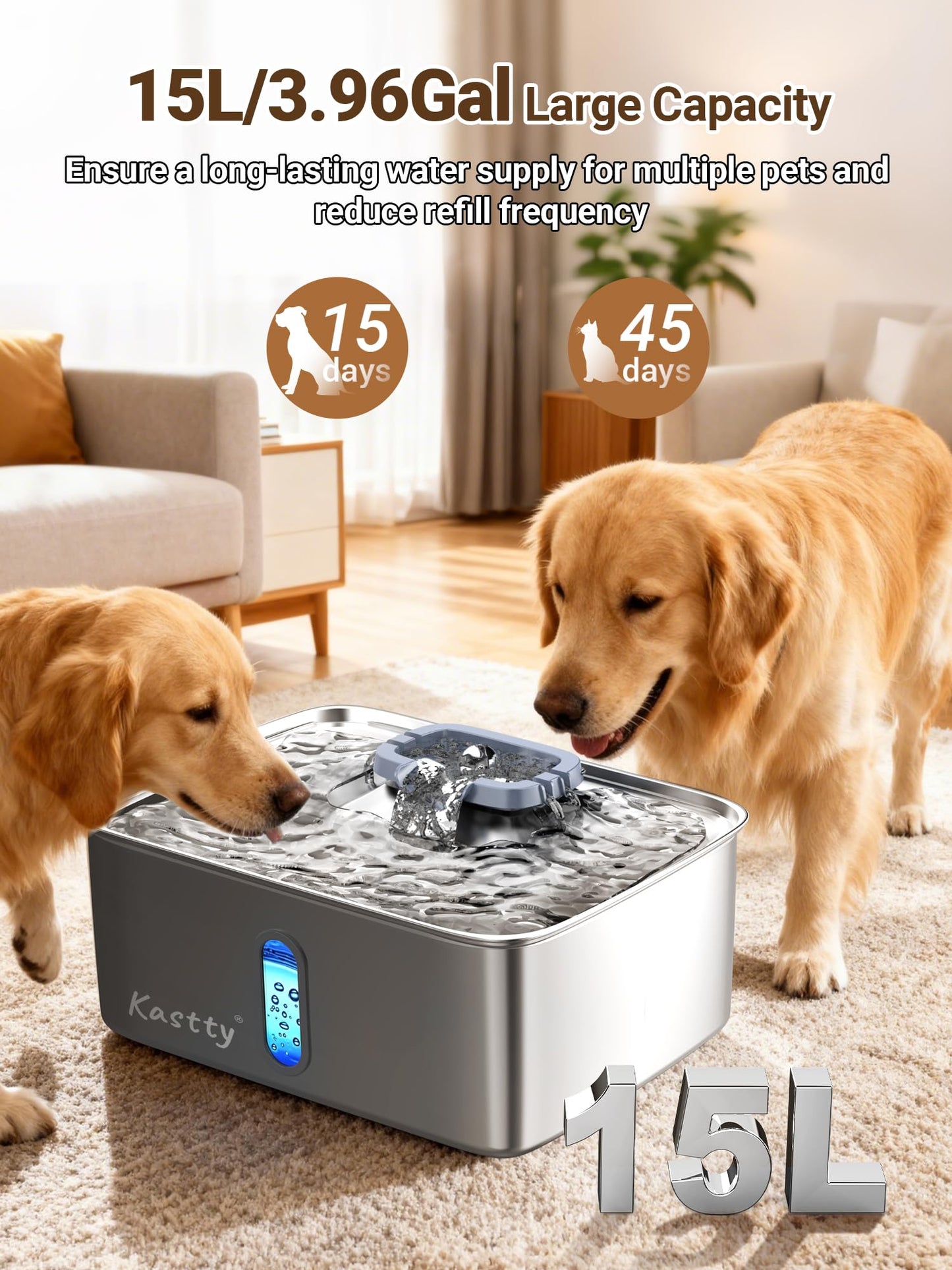 Kastty 15L/3.96 Gal Stainless Steel Dog Water Fountain, Large Capacity Dog Water Bowl Dispenser Quiet LED Light Triple Filtration Cat Water Fountain,Pet Water Fountain Easy Clean Yellow FS78
