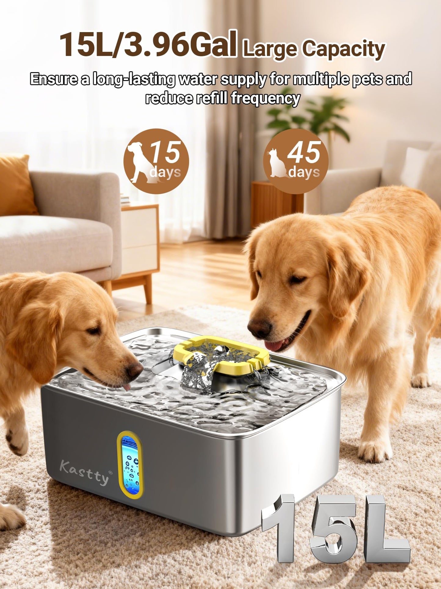 Kastty 15L/3.96 Gal Stainless Steel Dog Water Fountain, Large Capacity Dog Water Bowl Dispenser Quiet LED Light Triple Filtration Cat Water Fountain,Pet Water Fountain Easy Clean Yellow FS78