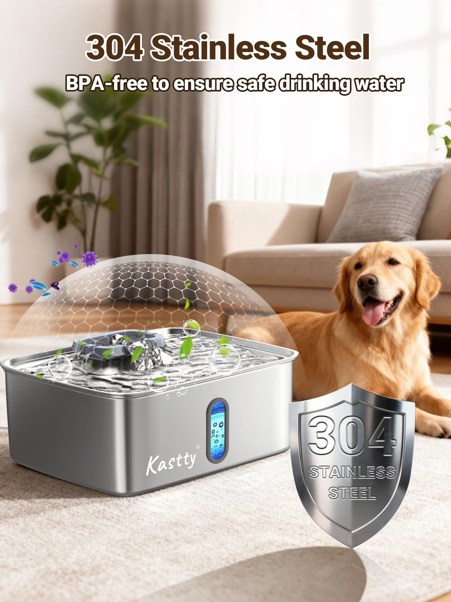 Kastty 15L/3.96 Gal Stainless Steel Dog Water Fountain, Large Capacity Dog Water Bowl Dispenser Quiet LED Light Triple Filtration Cat Water Fountain,Pet Water Fountain Easy Clean Yellow FS78