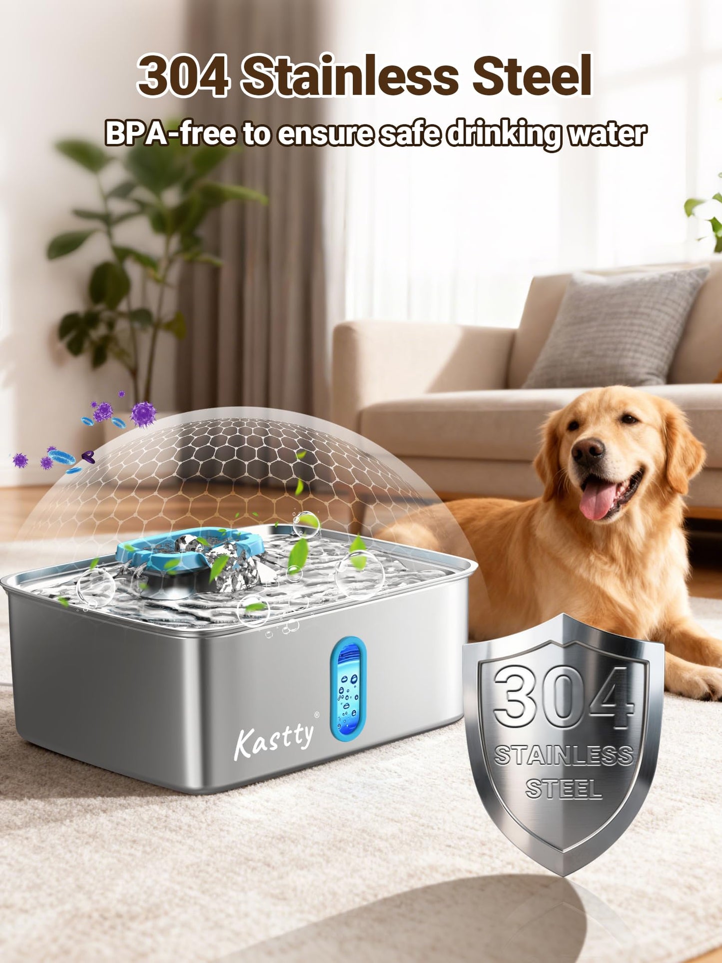 Kastty 15L/3.96 Gal Stainless Steel Dog Water Fountain, Large Capacity Dog Water Bowl Dispenser Quiet LED Light Triple Filtration Cat Water Fountain,Pet Water Fountain Easy Clean Yellow FS78