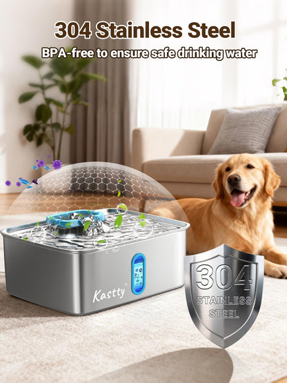 Kastty 15L/3.96 Gal Stainless Steel Dog Water Fountain, Large Capacity Dog Water Bowl Dispenser Quiet LED Light Triple Filtration Cat Water Fountain,Pet Water Fountain Easy Clean Yellow FS78