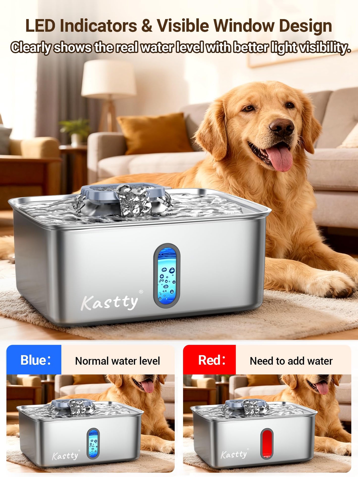 Kastty 15L/3.96 Gal Stainless Steel Dog Water Fountain, Large Capacity Dog Water Bowl Dispenser Quiet LED Light Triple Filtration Cat Water Fountain,Pet Water Fountain Easy Clean Yellow FS78
