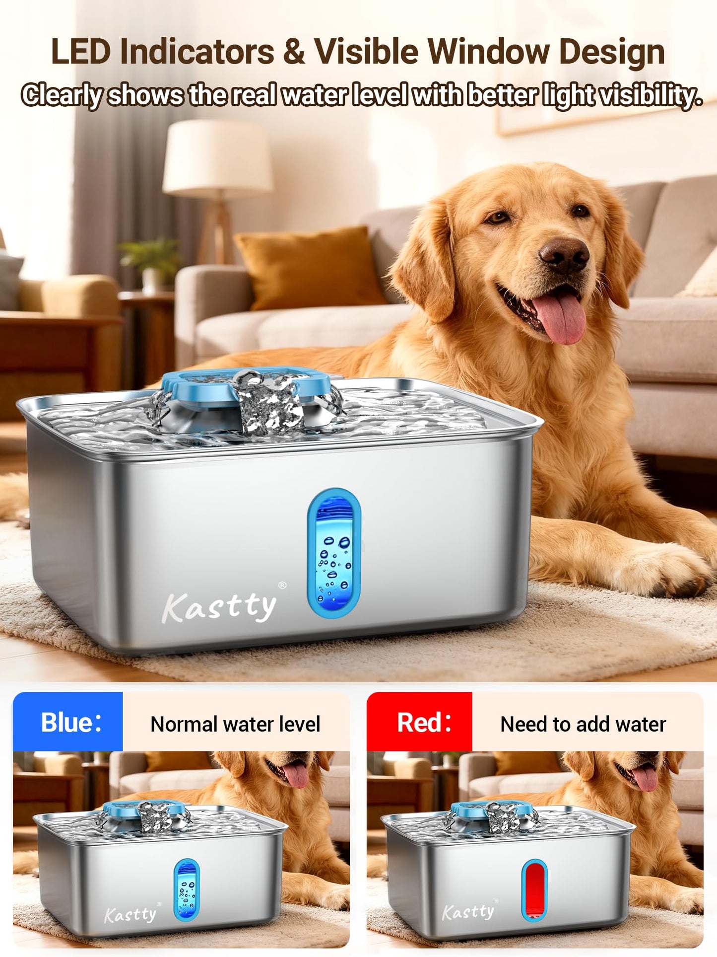Kastty 15L/3.96 Gal Stainless Steel Dog Water Fountain, Large Capacity Dog Water Bowl Dispenser Quiet LED Light Triple Filtration Cat Water Fountain,Pet Water Fountain Easy Clean Yellow FS78