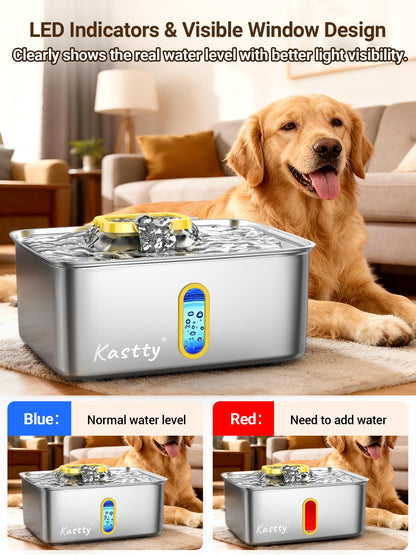 Kastty 15L/3.96 Gal Stainless Steel Dog Water Fountain, Large Capacity Dog Water Bowl Dispenser Quiet LED Light Triple Filtration Cat Water Fountain,Pet Water Fountain Easy Clean Yellow FS78