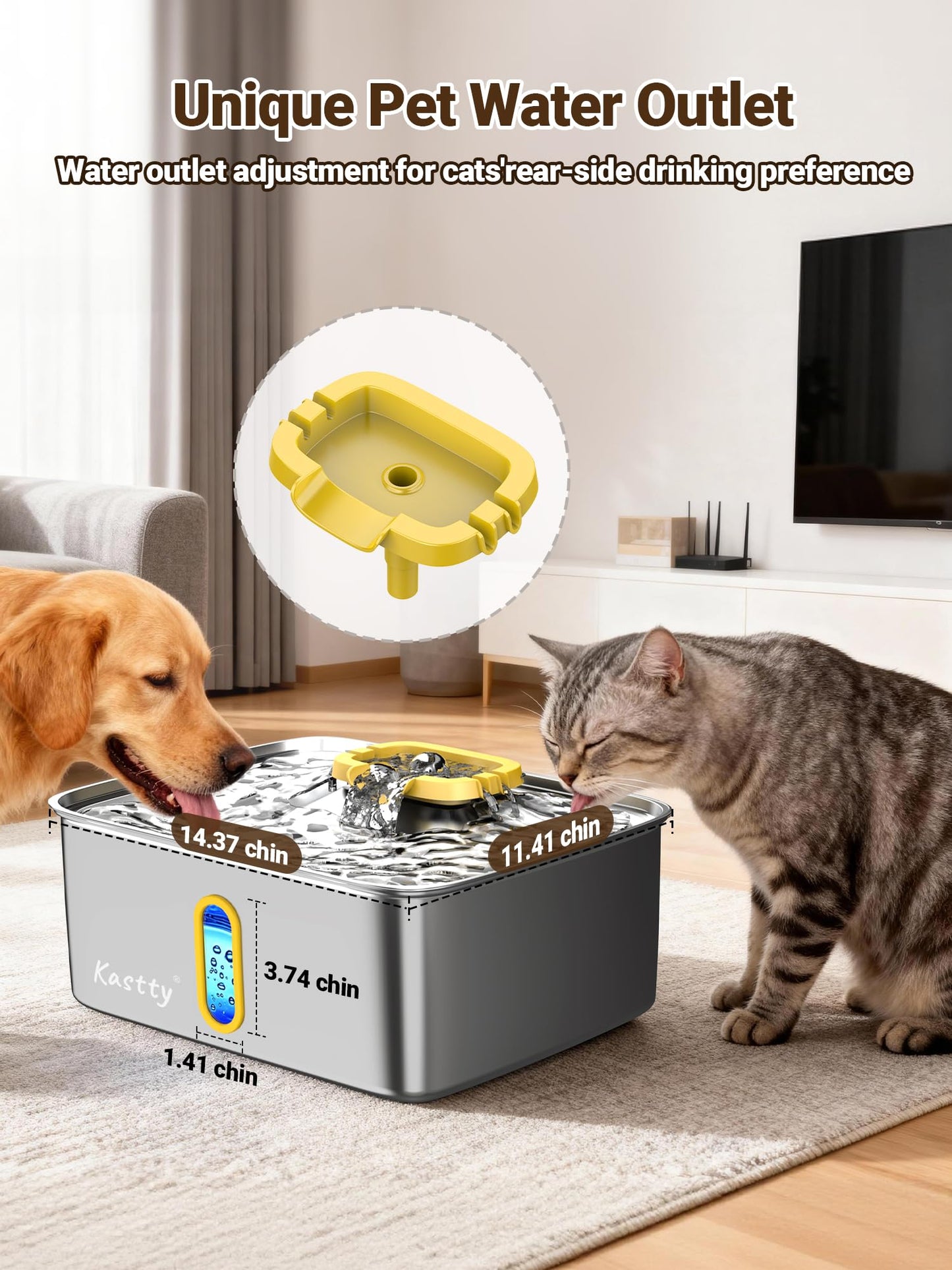 Kastty 15L/3.96 Gal Stainless Steel Dog Water Fountain, Large Capacity Dog Water Bowl Dispenser Quiet LED Light Triple Filtration Cat Water Fountain,Pet Water Fountain Easy Clean Yellow FS78